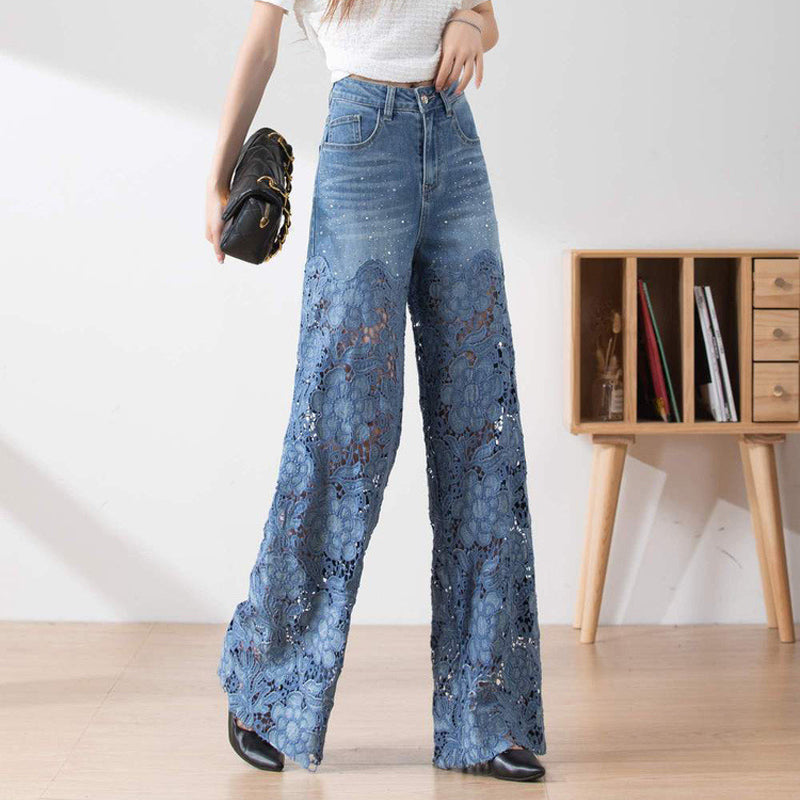 ⏳Time-limited Special⏰Women's High-Waisted Blue Denim Wide-Leg Pants (Hollow-out Lace Panels)