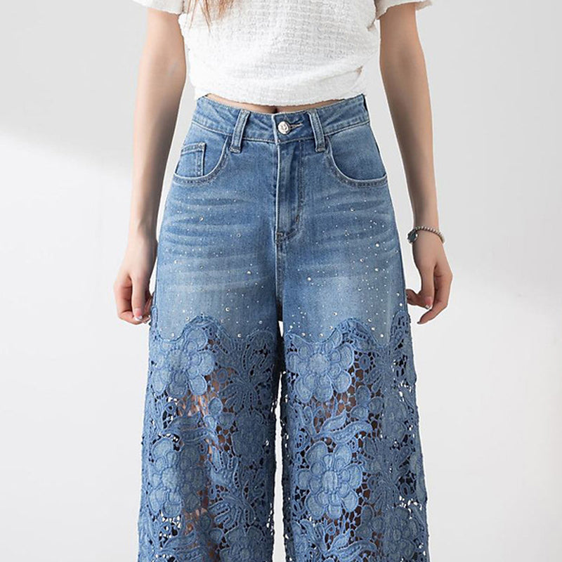 ⏳Time-limited Special⏰Women's High-Waisted Blue Denim Wide-Leg Pants (Hollow-out Lace Panels)