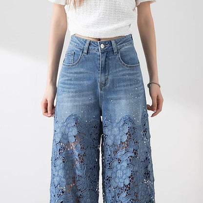 ⏳Time-limited Special⏰Women's High-Waisted Blue Denim Wide-Leg Pants (Hollow-out Lace Panels)