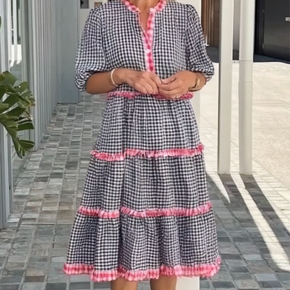 ⏳Time-limited Special⏰Sweet & Fresh Plaid Color-Block Cake Ruffle Dress👗