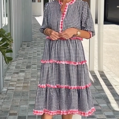 ⏳Time-limited Special⏰Sweet & Fresh Plaid Color-Block Cake Ruffle Dress👗