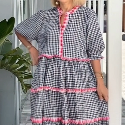 ⏳Time-limited Special⏰Sweet & Fresh Plaid Color-Block Cake Ruffle Dress👗