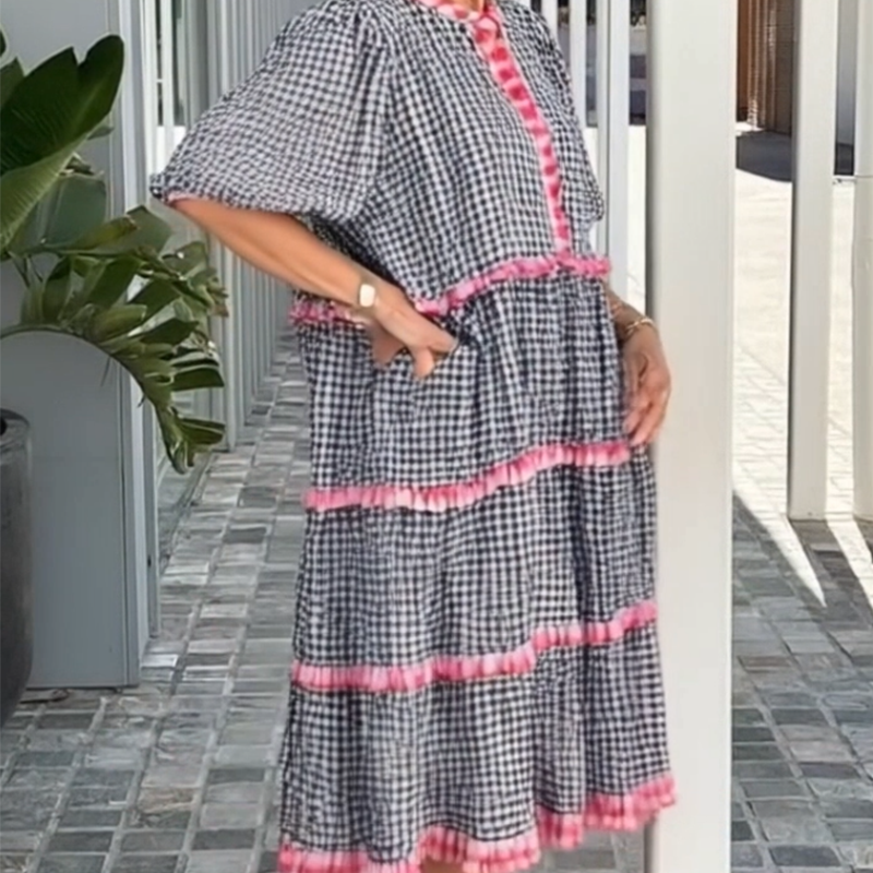 ⏳Time-limited Special⏰Sweet & Fresh Plaid Color-Block Cake Ruffle Dress👗