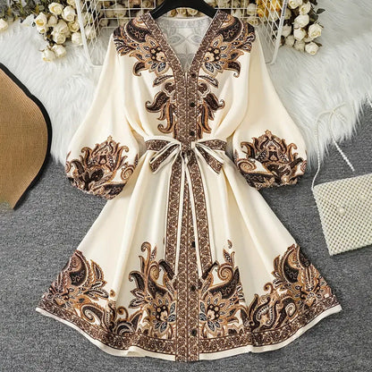 ⏳Time-limited Special⏰Women's Printed Tie-Waist V-Neck Dress👗