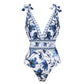 🌸Spring Specials💐 V Neck Lace Up Printed One Piece Swimsuit and Skirt