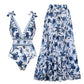 🌸Spring Specials💐 V Neck Lace Up Printed One Piece Swimsuit and Skirt