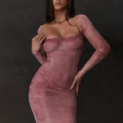 Pink Fitted Long-sleeve Dress spiyle