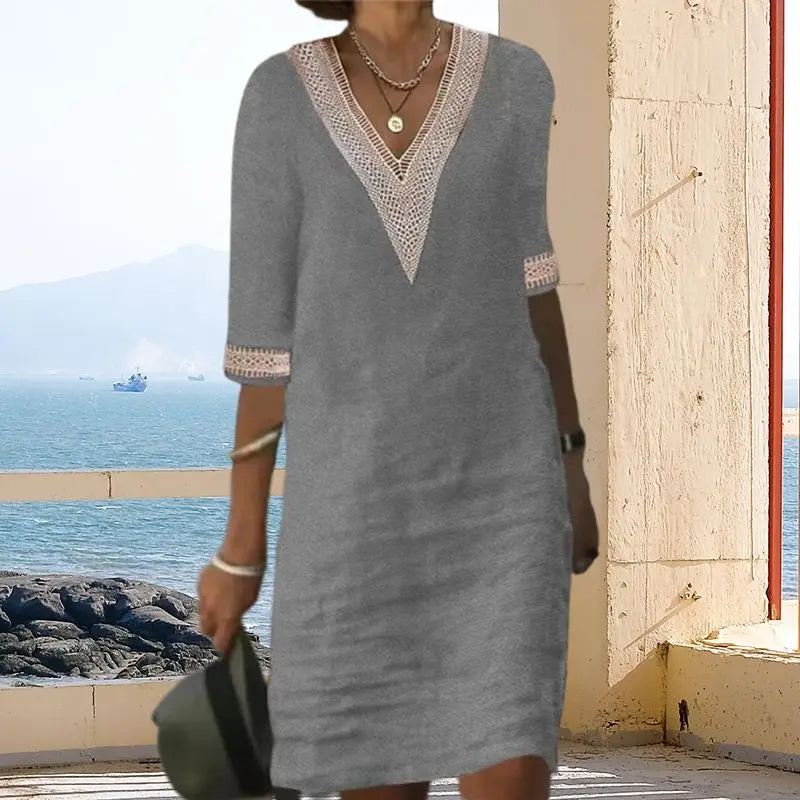 🎉New Product Launch💐– V-neck Lace-trimmed Cotton Linen Dress（49%OFF） spiyle