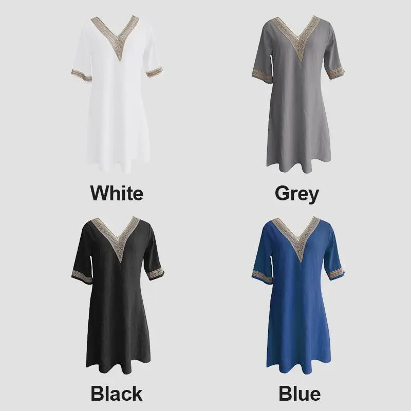 🎉New Product Launch💐– V-neck Lace-trimmed Cotton Linen Dress（49%OFF） spiyle