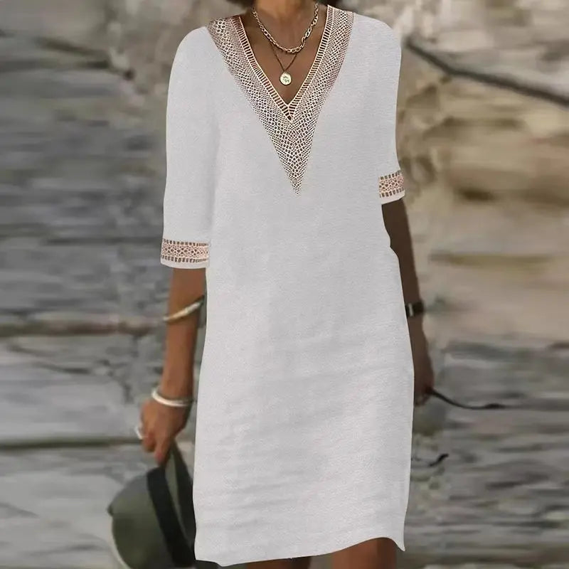 🎉New Product Launch💐– V-neck Lace-trimmed Cotton Linen Dress（49%OFF） spiyle