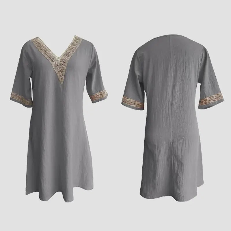 🎉New Product Launch💐– V-neck Lace-trimmed Cotton Linen Dress（49%OFF） spiyle