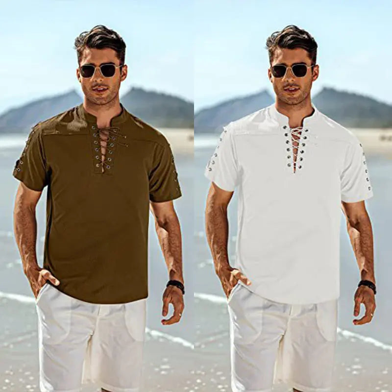 Men's Lace-up Hippie V-neck T-shirt aimtoyou