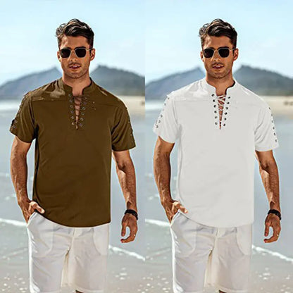 Men's Lace-up Hippie V-neck T-shirt aimtoyou