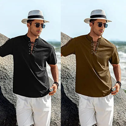 Men's Lace-up Hippie V-neck T-shirt aimtoyou