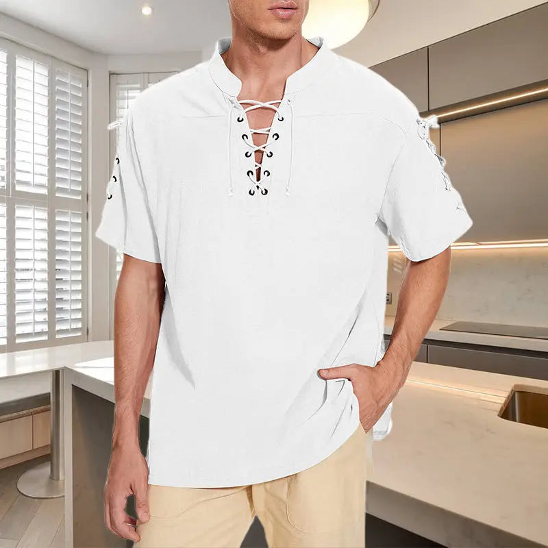 Men's Lace-up Hippie V-neck T-shirt aimtoyou
