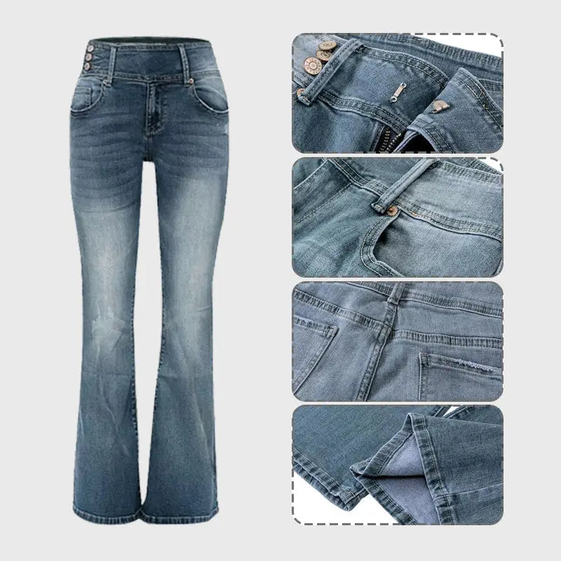 Vintage Side Buttons Mid-rise Bell Bottom Jeans swarous