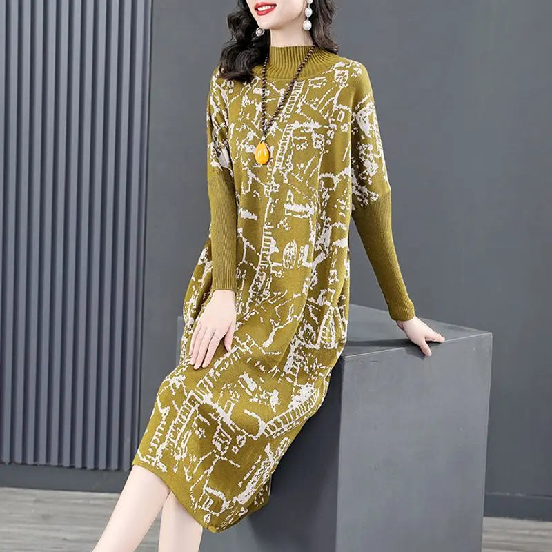 * Long-sleeved Semi-turtleneck Loose Printed Knit Dress spiyle