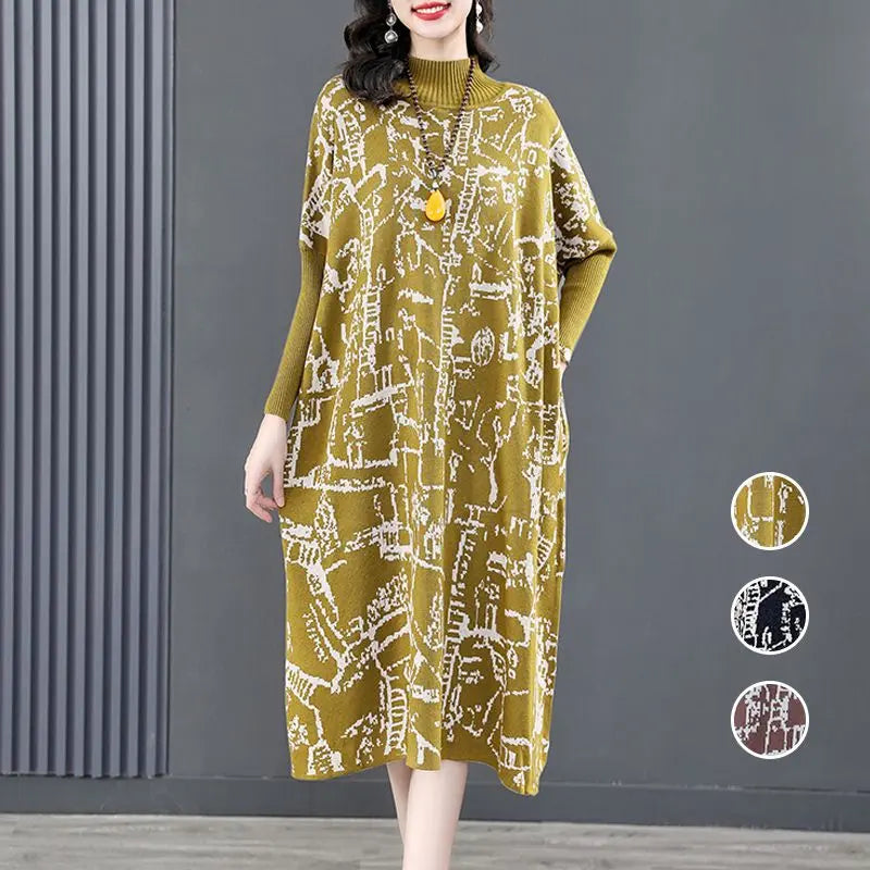 * Long-sleeved Semi-turtleneck Loose Printed Knit Dress spiyle