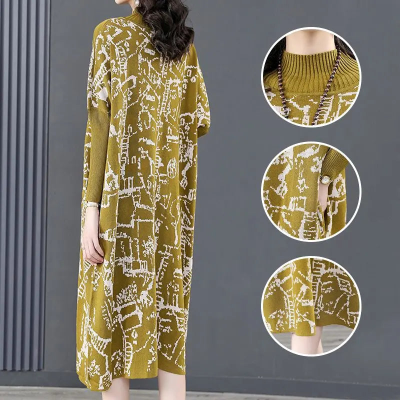 * Long-sleeved Semi-turtleneck Loose Printed Knit Dress spiyle