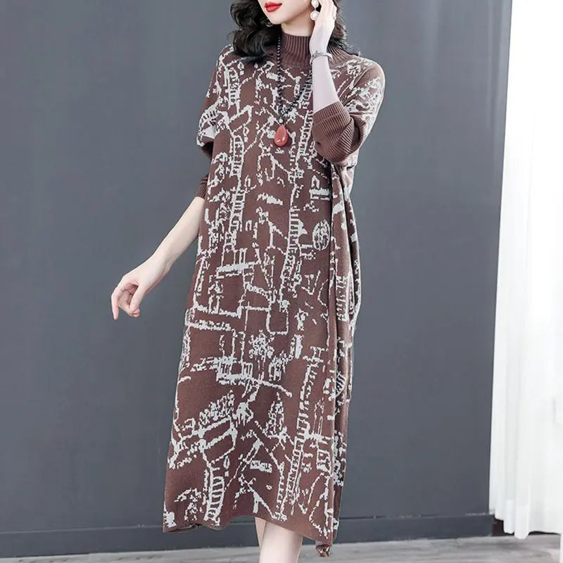 * Long-sleeved Semi-turtleneck Loose Printed Knit Dress spiyle