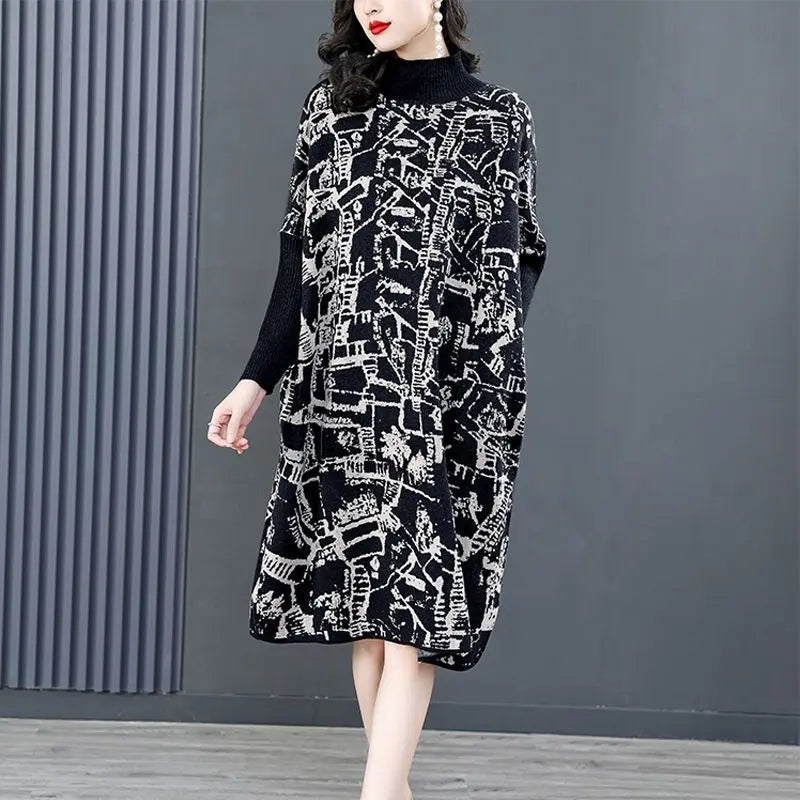 * Long-sleeved Semi-turtleneck Loose Printed Knit Dress spiyle