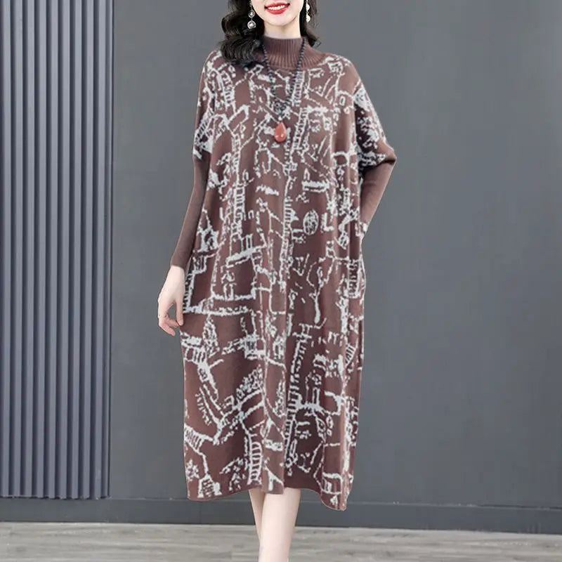 * Long-sleeved Semi-turtleneck Loose Printed Knit Dress spiyle