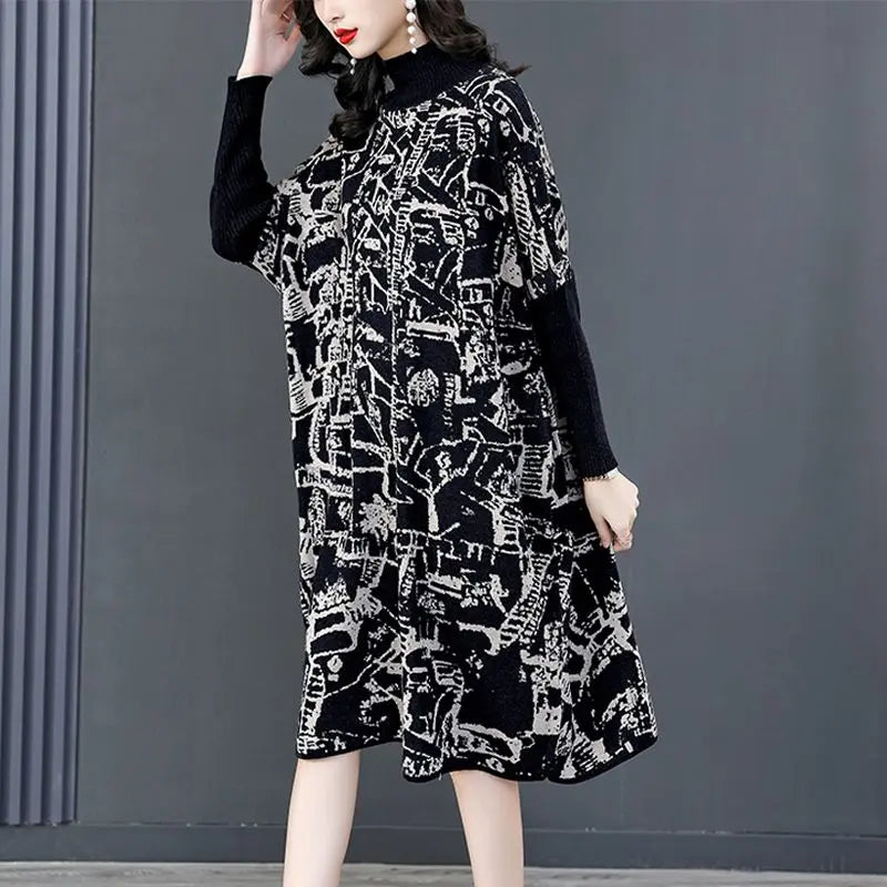 * Long-sleeved Semi-turtleneck Loose Printed Knit Dress spiyle