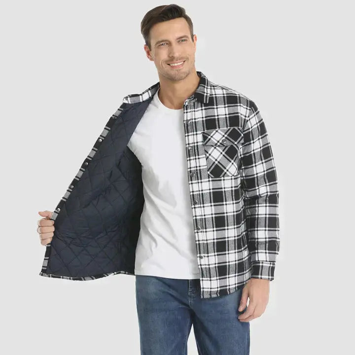 Men's Flannel Shirt Jacket Long Sleeve Quilted Lined Plaid Coat Button Down Thick Outwear for Winter aimtoyou