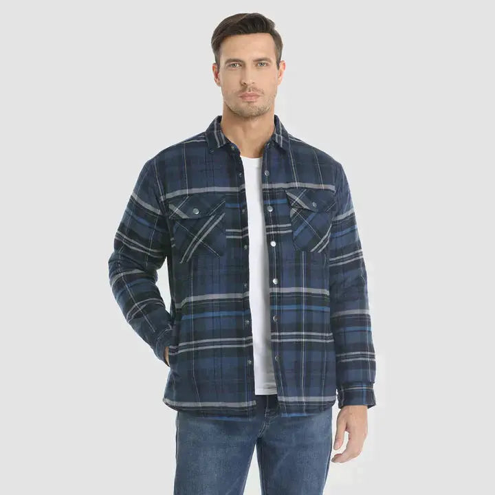 Men's Flannel Shirt Jacket Long Sleeve Quilted Lined Plaid Coat Button Down Thick Outwear for Winter aimtoyou