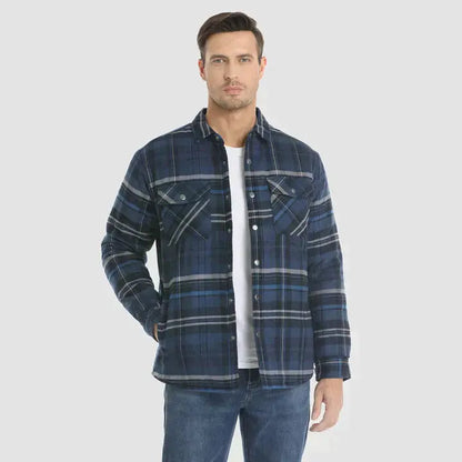 Men's Flannel Shirt Jacket Long Sleeve Quilted Lined Plaid Coat Button Down Thick Outwear for Winter aimtoyou