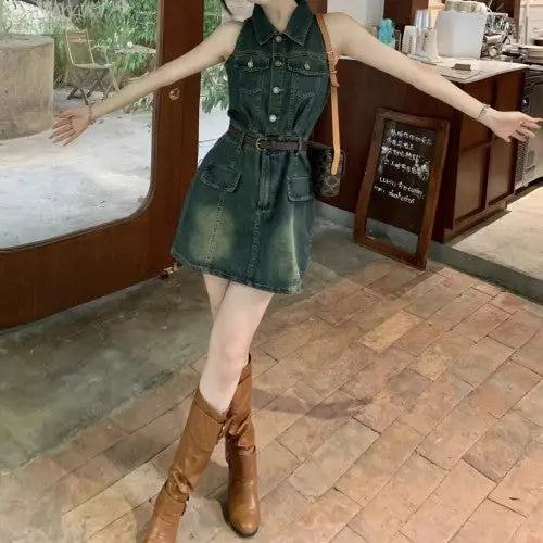 【Belt Included】Vintage Lapel Slimming Split Denim Dress jolieaprile11