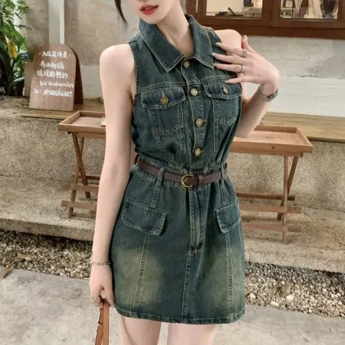 【Belt Included】Vintage Lapel Slimming Split Denim Dress jolieaprile11