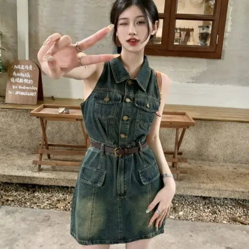 【Belt Included】Vintage Lapel Slimming Split Denim Dress jolieaprile11