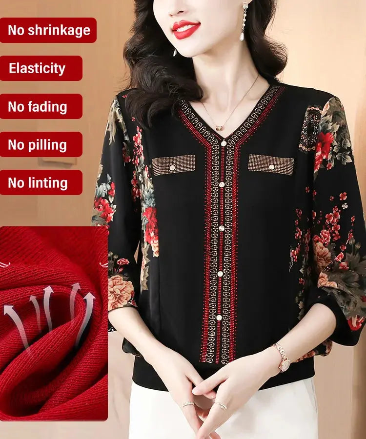 Stylish V-neck Rhinestone-embellished Top For Autumn spiyle