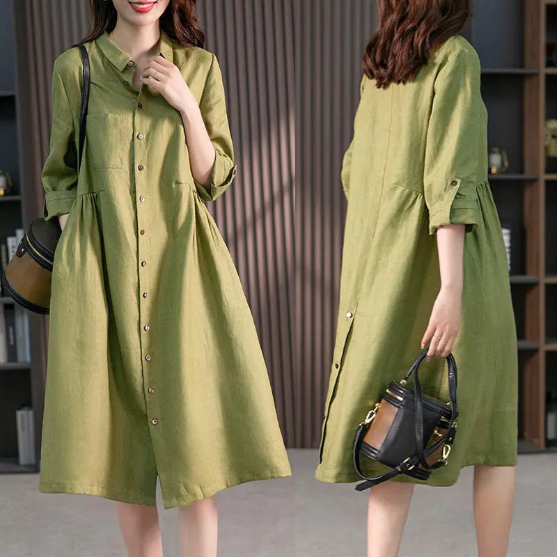 Women's Relaxed Fit Cotton Linen Dress spiyle