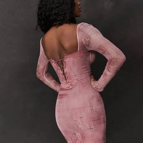 Pink Fitted Long-sleeve Dress spiyle