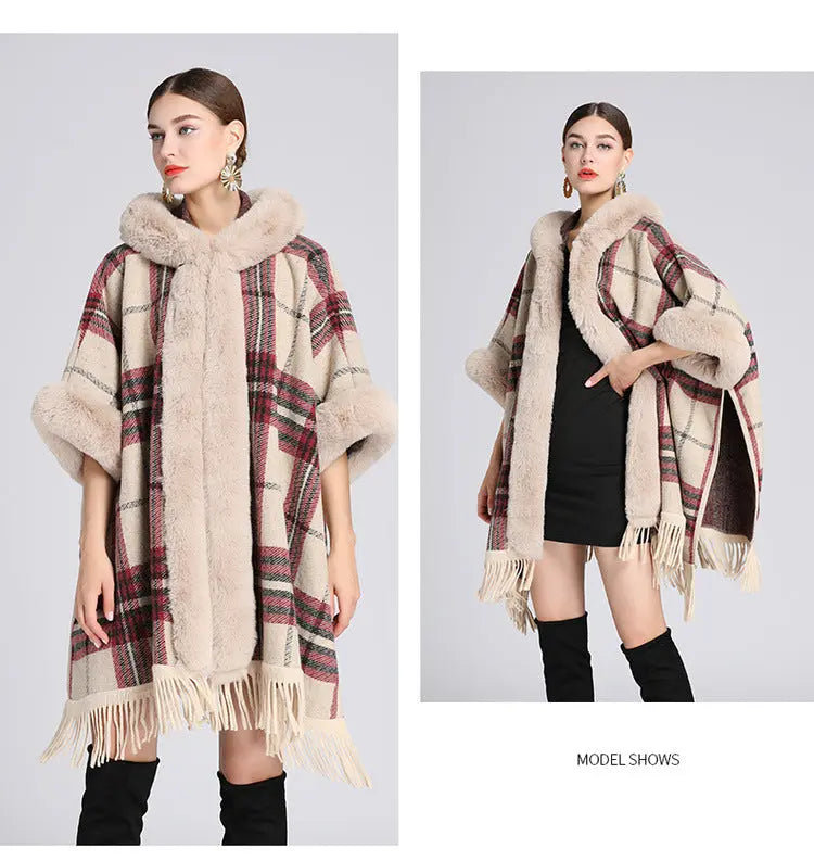 Faux rabbit fur collar hooded cape spiyle