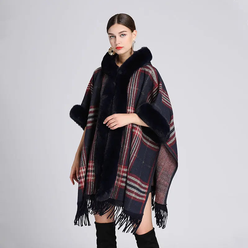 Faux rabbit fur collar hooded cape spiyle