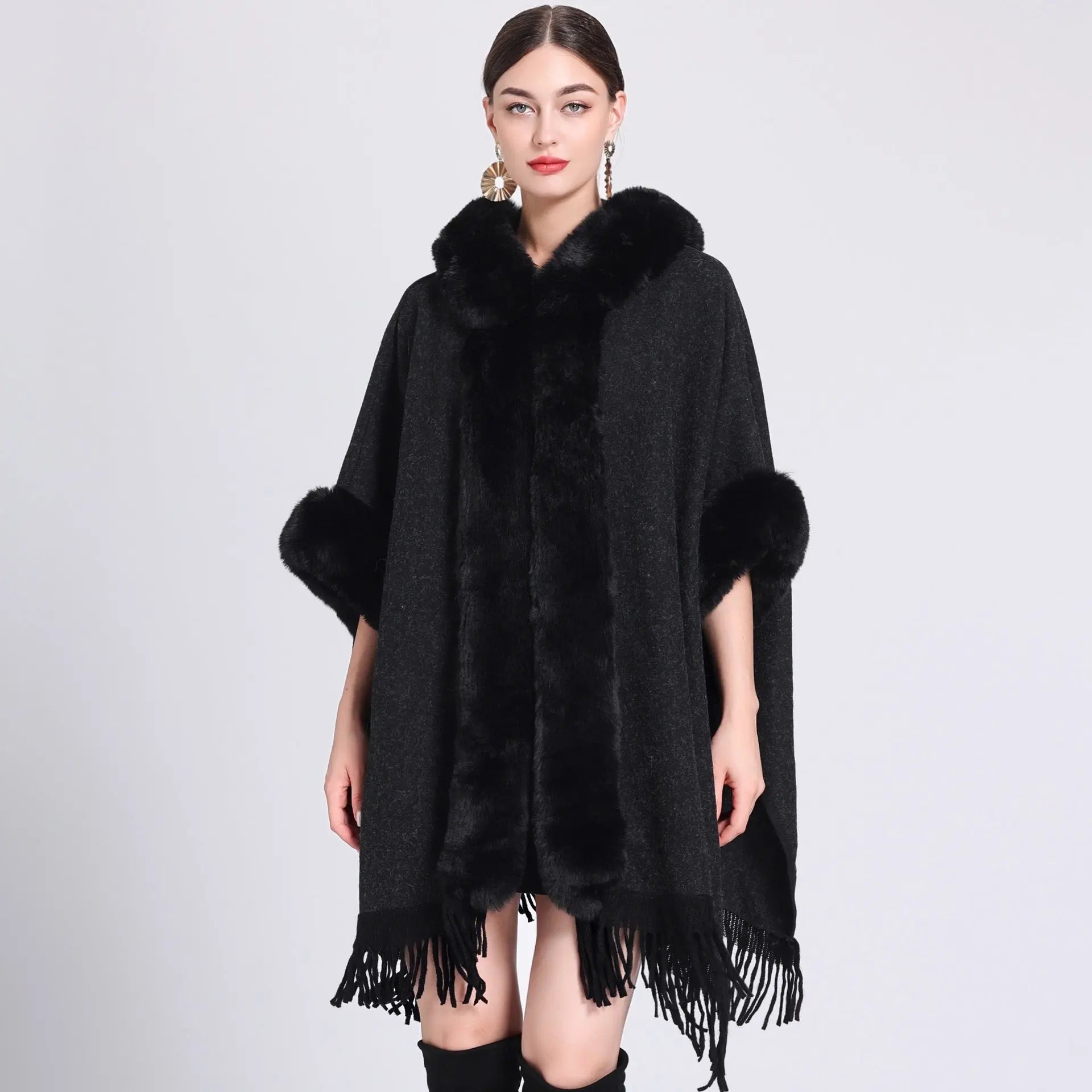 Faux rabbit fur collar hooded cape spiyle