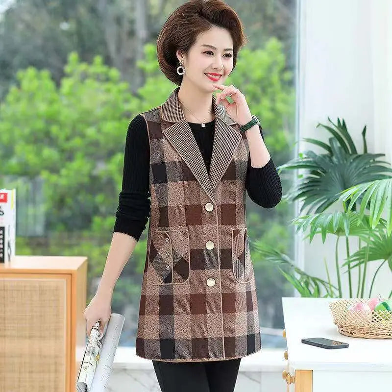 [warm gift] Women’s elegant Lapel Mid-Length Plaid Vest spiyle