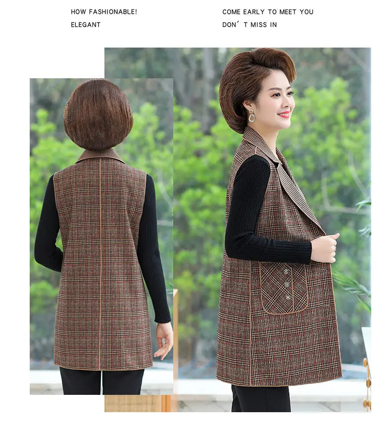 [warm gift] Women’s elegant Lapel Mid-Length Plaid Vest spiyle