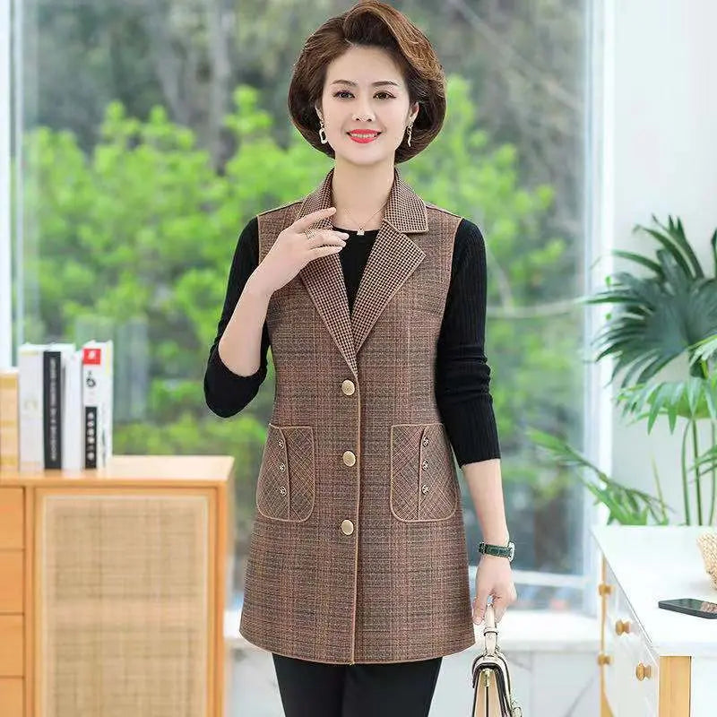 [warm gift] Women’s elegant Lapel Mid-Length Plaid Vest spiyle