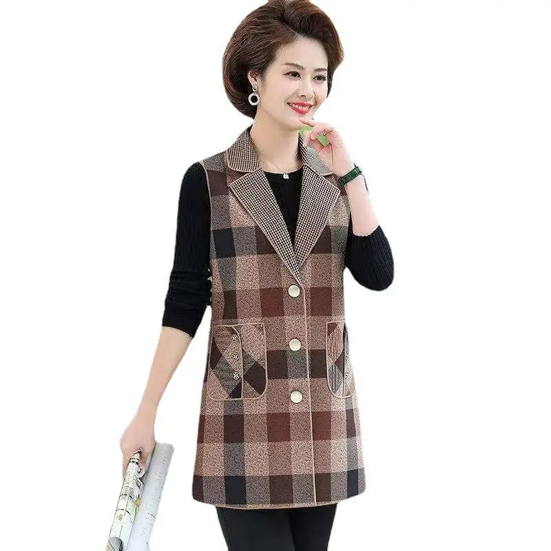 [warm gift] Women’s elegant Lapel Mid-Length Plaid Vest spiyle