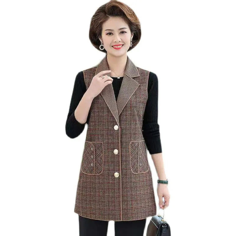 [warm gift] Women’s elegant Lapel Mid-Length Plaid Vest spiyle