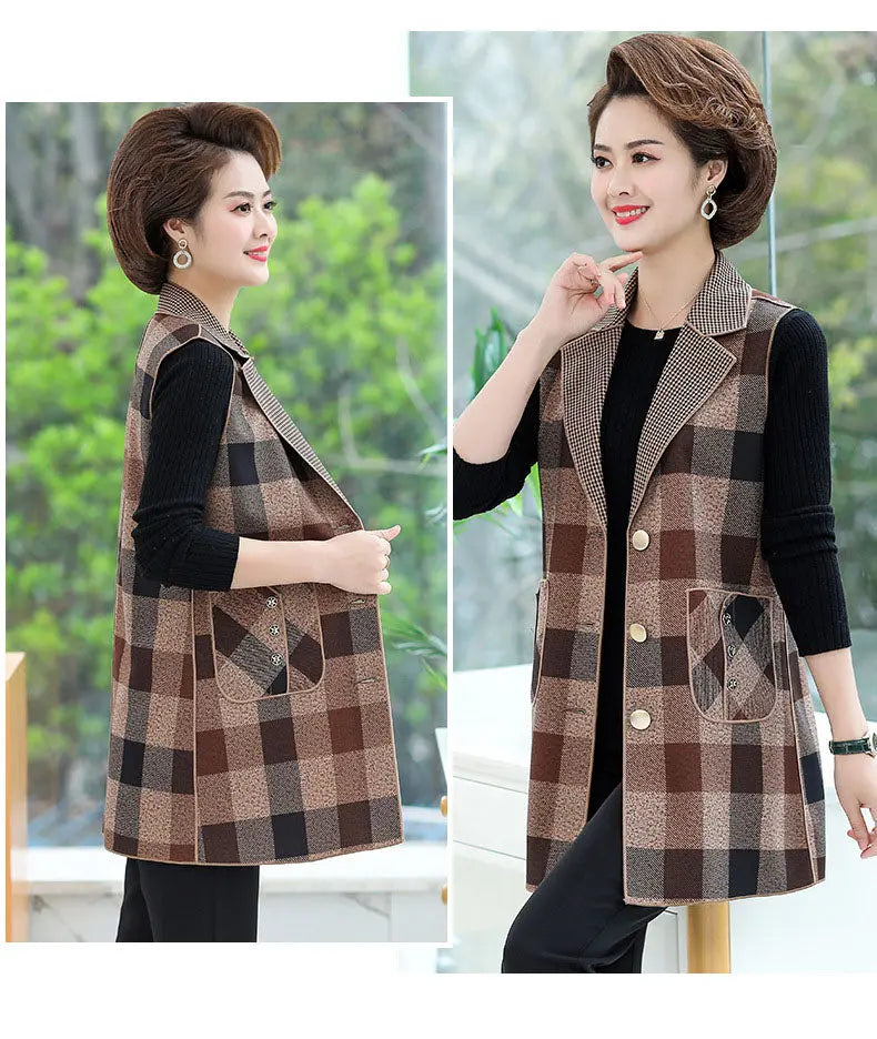 [warm gift] Women’s elegant Lapel Mid-Length Plaid Vest spiyle