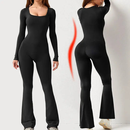 Women's Long Sleeve Square Neck Wide Leg Jumpsuit spiyle