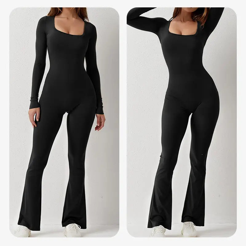 Women's Long Sleeve Square Neck Wide Leg Jumpsuit spiyle