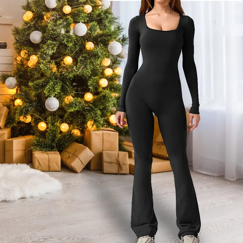 Women's Long Sleeve Square Neck Wide Leg Jumpsuit spiyle