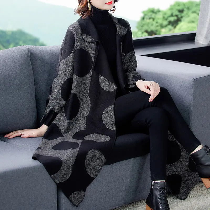 [Gift For Her] Women's Polka Dot Mid Length Large Lapel Trench Coat spiyle