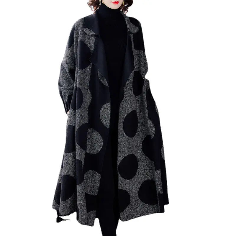 [Gift For Her] Women's Polka Dot Mid Length Large Lapel Trench Coat spiyle